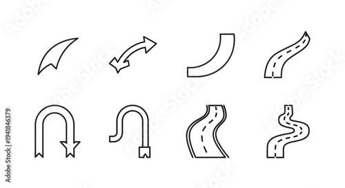 Collection of Road and Arrow Icons for Navigation and Direction.