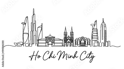 Stylized minimalist illustration capturing iconic skyscrapers and historical landmarks of Ho Chi Minh City skyline in sleek