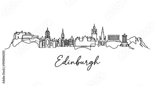Minimalist Line Drawing of Edinburgh Skyline Featuring Iconic Landmarks and Cityscape Elements
