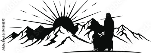 Sunrise over jagged mountains, two figures in silhouette stand tall