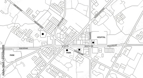 Detailed Map of a Town with Streets and Buildings.