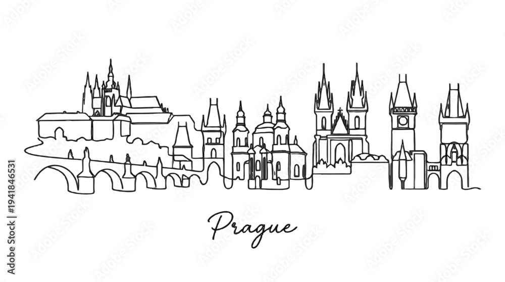 Obraz premium Minimalist Black and White Line Drawing of Prague Castle and City Skyline with cityscape details and the word Prague in elegant