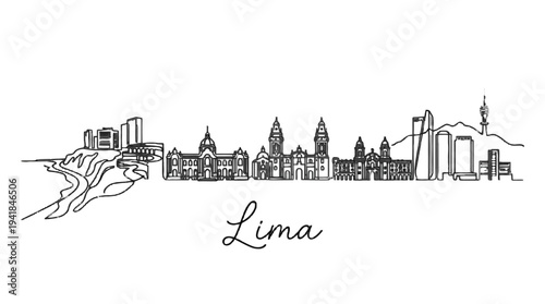 Minimalistic Line Drawing of Lima City Skyline Highlighting Iconic Architectural Landmarks