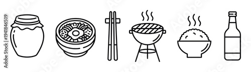 Set of six minimalist black outline icons representing traditional Asian cuisine elements like a jar, soup, chopsticks, grill, rice, and a bottle