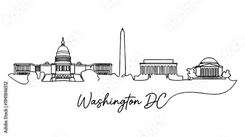 Minimalistic Line Drawing of Washington DC Landmarks with Iconic Monuments