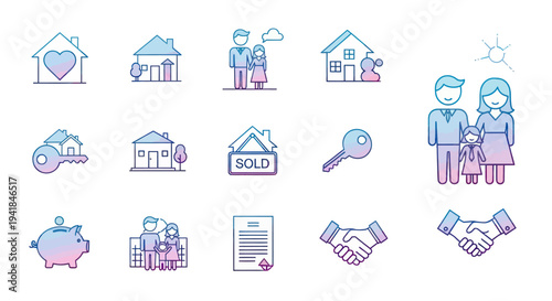 Collection of Real Estate and Family Icons with Gradient Colors.