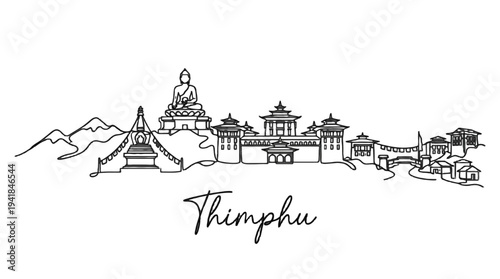 Elegant minimalist black and white line drawing of a traditional Thimphu skyline showcasing temples and mountainous scenery