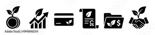 Set of black glyph icons representing sustainable finance, green investment, ethical business, eco-friendly policy, and economic growth in a clean minimalist vector style