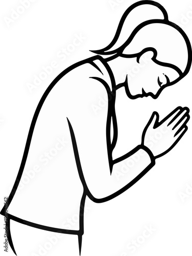 Stylized outline of a person bowing with hands together in prayer