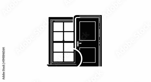 Stylized outline of a partially open door next to a window