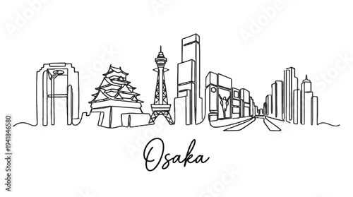 Minimalist Line Drawing of Osaka Skyline Featuring Modern Skyscrapers and Historic Landmarks in a Continuous Art Style