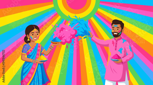Happy Indian Couple Celebrating Holi Festival of Colors with Gulal Powder, Vibrant Cartoon Illustration for Greeting Card and Cultural Events