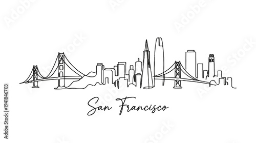 Minimalist Black and White Line Drawing of San Francisco Skyline Featuring Famous Bridges and City Highlights