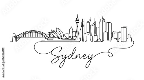 Minimalist Continuous Line Drawing of Sydney Skyline Featuring Iconic Landmarks and Cityscape