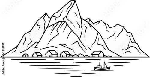 Stylized outline of jagged mountains overlooking a tranquil bay with a small boat