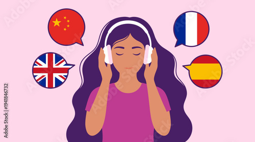 Young Woman with Headphones Learning Foreign Languages via Online Course Illustration - Global Communication and Education Concept with Country Flags