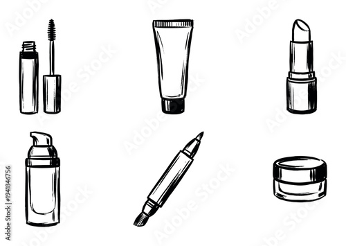 Hand-drawn black and white cosmetic products set including mascara, lipstick, cream, and eyeliner in a minimalist rough sketch illustration style for beauty concepts