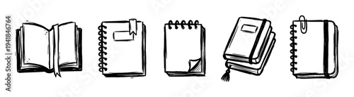 Set of hand-drawn black ink notebooks and books in a sketchy doodle style, showing various designs like spiral binding, open pages, bookmarks, and paperclips for journaling