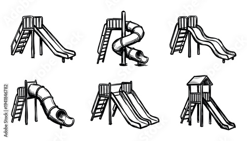 Set of six black and white playground slide illustrations in a hand-drawn sketch style, showing various designs like spiral, tube, wavy, and double slides for kids' recreation
