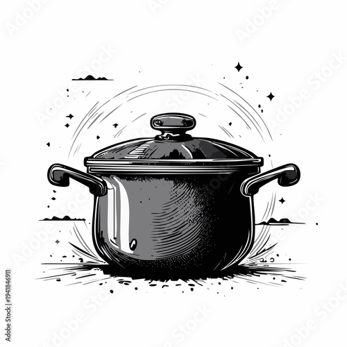 Black and White Illustration of Cooking Pot.
