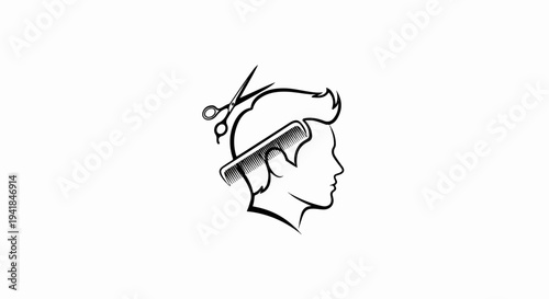 Stylized profile of a man's head with comb and scissors