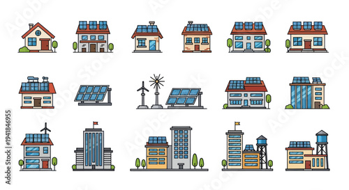 Collection of Cartoon Houses with Solar Panels and Wind Turbines.