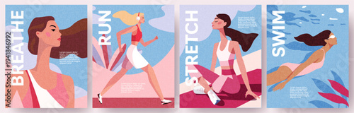 Fitness, exercise and healthy lifestyle concept illustrations or posters with a running girl, a girl doing yoga or stretching, a girl doing swimming. Modern flat style with a health and wellness feel.