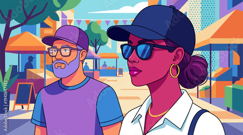 Vibrant Vector Illustration of a Diverse Couple Wearing Caps and Sunglasses at a Colorful Outdoor Street Market or Summer Festival