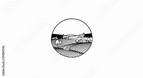 Stylized rural landscape with a house and fields inside a circle