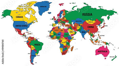 Colorful Political World Map with Country Names and Boundaries Isolated on White Background