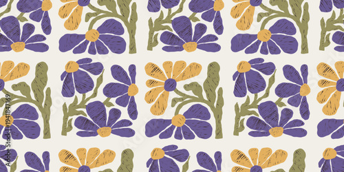 Floral Art Seamless Pattern. Organic Flowers with Hand-Drawn on White Background. Botanical Textured Hatching Ornament Tile. Vector Horizontal Illustration