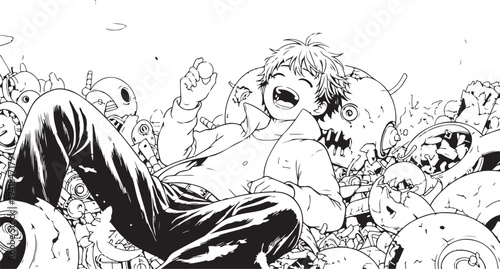 Black and white comic illustration of a man surrounded by monsters