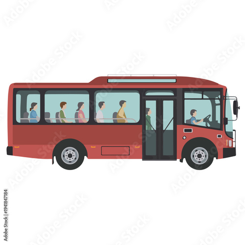 A red bus with people inside on a white background