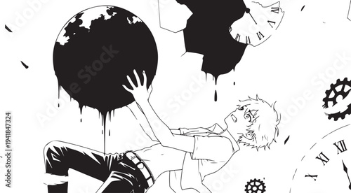 Black and white illustration of a boy holding a melting globe