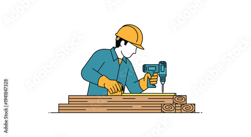 A skilled construction worker, adorned in safety gear, meticulously uses a power drill to fasten components into a stack of wooden boards on a pristine white backdrop.