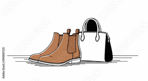 Stylized drawing of two brown ankle boots and a white handbag