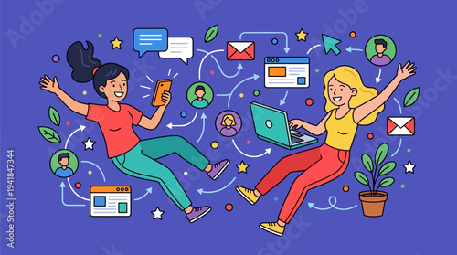 Modern Vector Illustration of Digital Connectivity and Social Media Networking, Women Using Smartphone and Laptop for Global Communication and Remote Work Concept