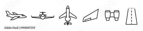 Set of black line art aviation icons showing a private jet from multiple angles, engines, winglet, and runway in a minimalist vector style for travel and transport themes