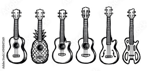 Collection of six hand-drawn ukuleles in a rough sketch style, featuring various unique body shapes including a pineapple, acoustic, and electric guitar designs