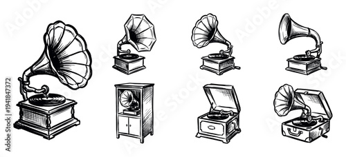 Collection of vintage hand-drawn gramophones and phonographs in a sketch style, showcasing various retro music players with horns and vinyl records for a nostalgic feel