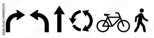 Set of black navigation icons showing arrows for direction, a bicycle, and a walking pedestrian symbol for traffic and wayfinding concepts in a minimalist graphic style