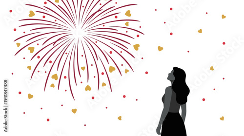 Silhouette of a Woman Watching a Festive Firework Display with Hearts, Romantic Minimalist Vector Illustration for Celebration, Love, and Holiday Concepts