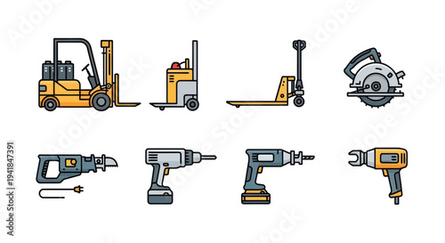 Set of industrial power tools and material handling equipment icons.
