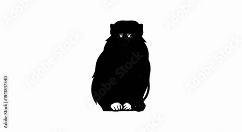 Stylized black silhouette of a primate with wide, staring eyes