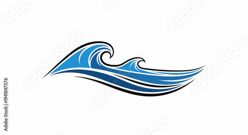 Stylized blue waves with black outlines move from left to right