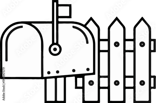 Stylized line art of a traditional mailbox beside a picket fence
