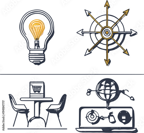 Startup business icon collection including innovation bulb, target marketing, business meeting table, online commerce store, and global network connection, thin outline vector icons 3
