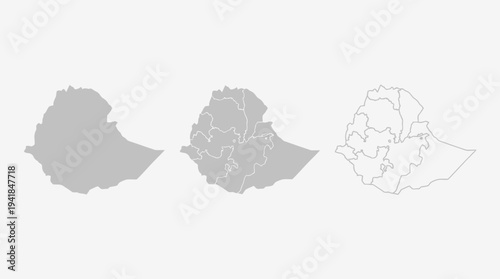 Ethiopia Map Set with Administrative Regions - Solid Silhouette, Detailed Grey, and Outline Vector Illustrations on White Background