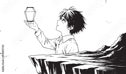 Black and white manga style illustration of a boy holding a lantern