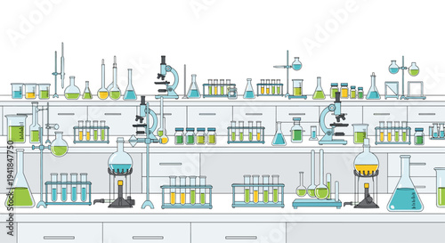 A comprehensive array of chemical laboratory glassware and scientific instruments is precisely arranged across multiple white countertops in a sterile research environment.